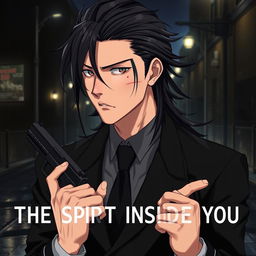 A realistic anime-style illustration for a series titled 'The Spirit Inside You', featuring a 34-year-old male character with striking black long hair, slicked back and flowing with subtle movement