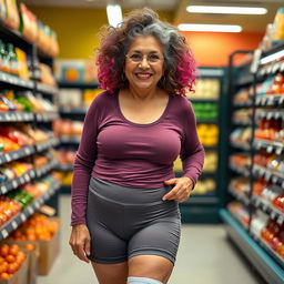 A 70-year-old Latina grandmother with a fit physique, wearing very short tight spandex shorts that accentuate her big round wide ass