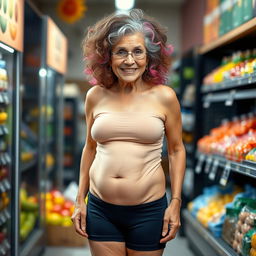 A 70-year-old Latina grandmother with a fit physique, wearing very short tight spandex shorts that accentuate her big round wide ass