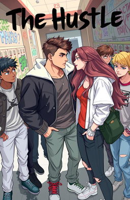 A captivating and dynamic illustration of a high school gang called "The Hustle," showcasing their stylish and rebellious attitude