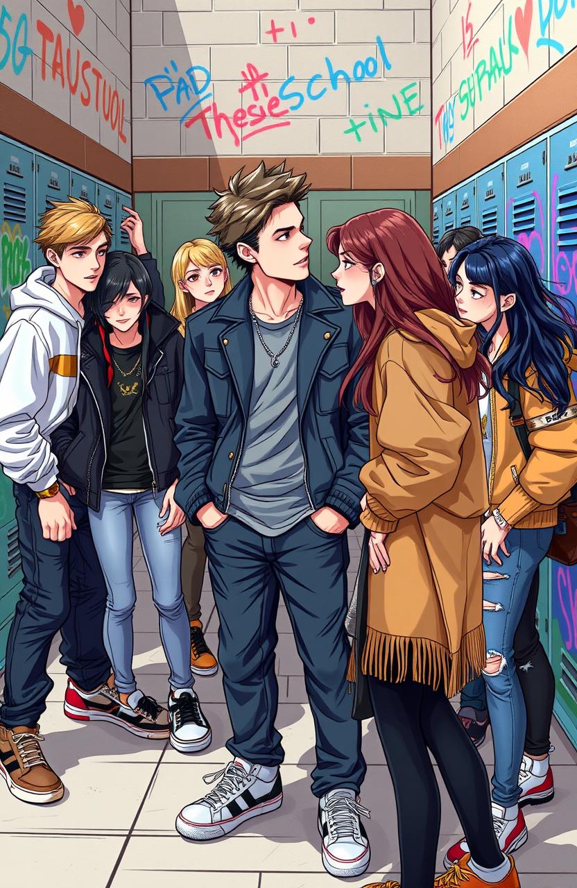 A captivating and dynamic illustration of a high school gang called "The Hustle," showcasing their stylish and rebellious attitude