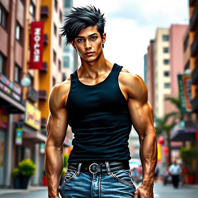 A beautiful muscular young man with black hair styled like Nephilim, with deep black eyes that match his hair