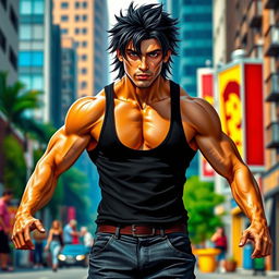 A beautiful muscular young man with black hair styled like Nephilim, with deep black eyes that match his hair
