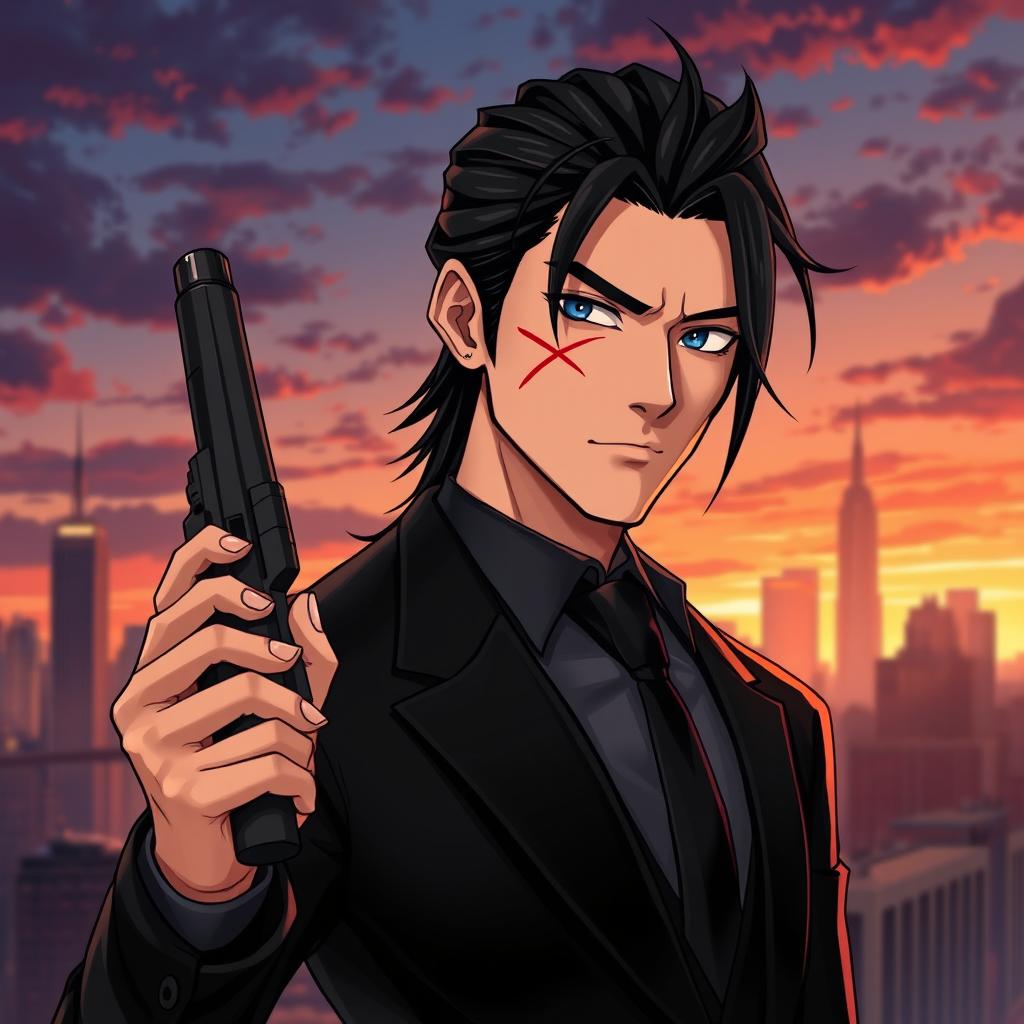 A realistic cartoon-style illustration for a series titled 'The Spirit Inside You', featuring a 34-year-old male character with striking black long hair styled back