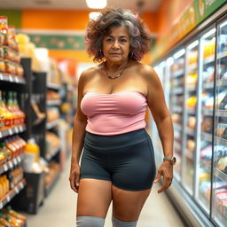 A very attractive 70-year-old Latina grandmother wearing short, tight spandex shorts that accentuate her curvy figure