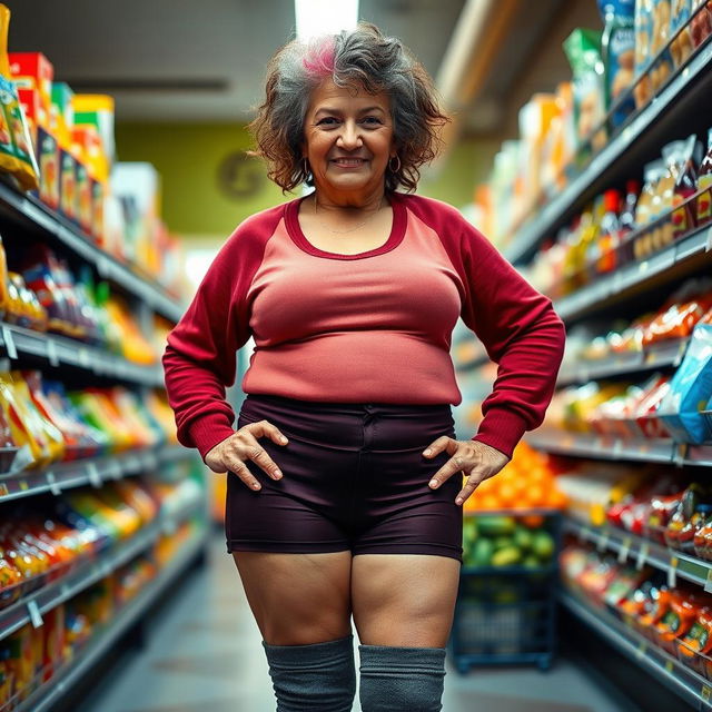 A very attractive 70-year-old Latina grandmother wearing short, tight spandex shorts that accentuate her curvy figure