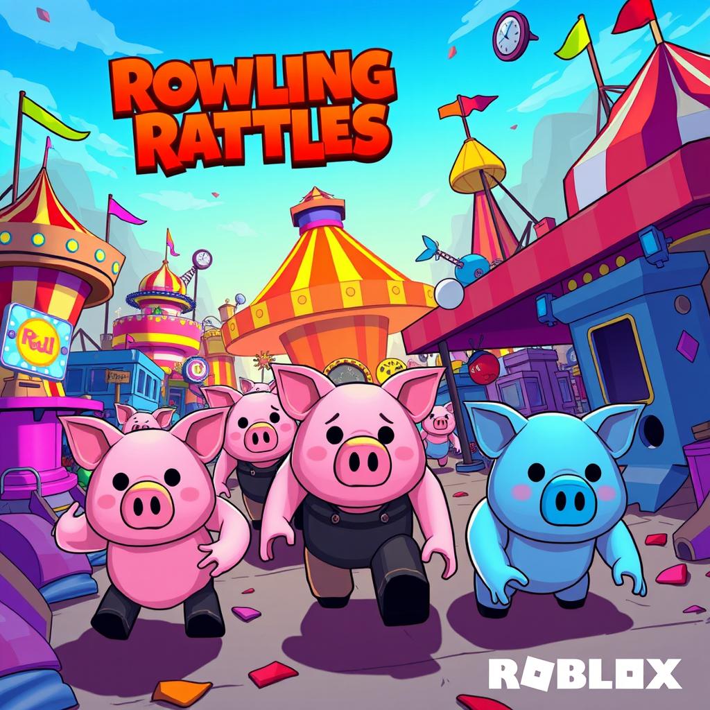 A vibrant and engaging illustration for a fictional Roblox movie titled 'Rowling Rattles', set in the whimsical and slightly eerie world of Roblox