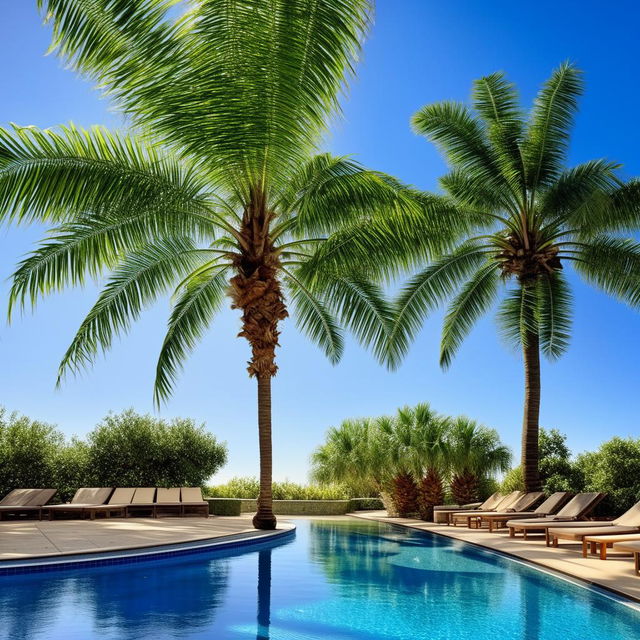 A large, luxurious swimming pool under a brilliantly clear blue sky, surrounded by serene palm trees and comfortable lounging chairs.