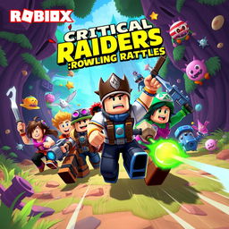 A vibrant and thrilling scene from a fictional Roblox game titled 'Critical Raiders: Rowling Rattles'