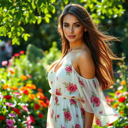 A stunning portrait of a confident woman standing gracefully in a lush, vibrant garden