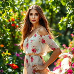 A stunning portrait of a confident woman standing gracefully in a lush, vibrant garden