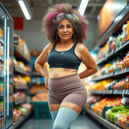 A very attractive 70-year-old Latina grandma with a fit physique, wearing short tight spandex shorts that accentuate her big round wide ass