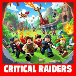A colorful and action-packed scene from a fictional Roblox game titled 'Critical Raiders'