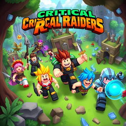 A colorful and action-packed scene from a fictional Roblox game titled 'Critical Raiders'