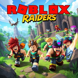 A colorful and action-packed scene from a fictional Roblox game titled 'Critical Raiders'