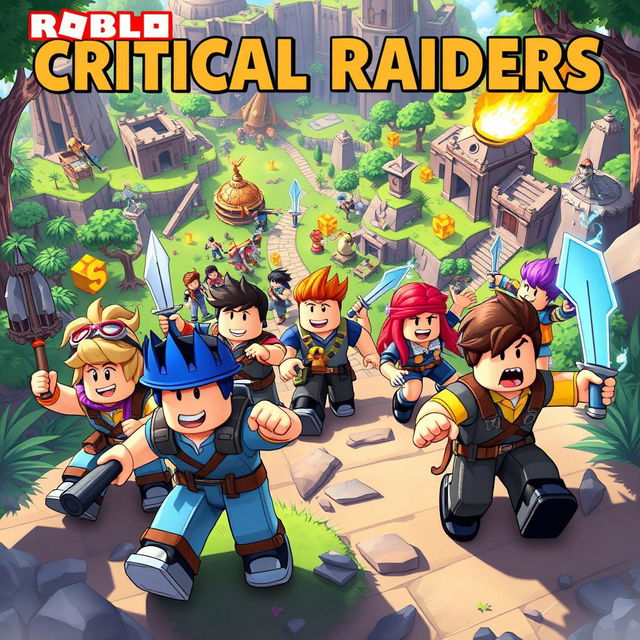 A colorful and action-packed scene from a fictional Roblox game titled 'Critical Raiders'