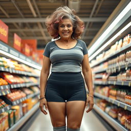 A 70-year-old Latina grandmother, exuding charm and vitality, stands confidently in a grocery store