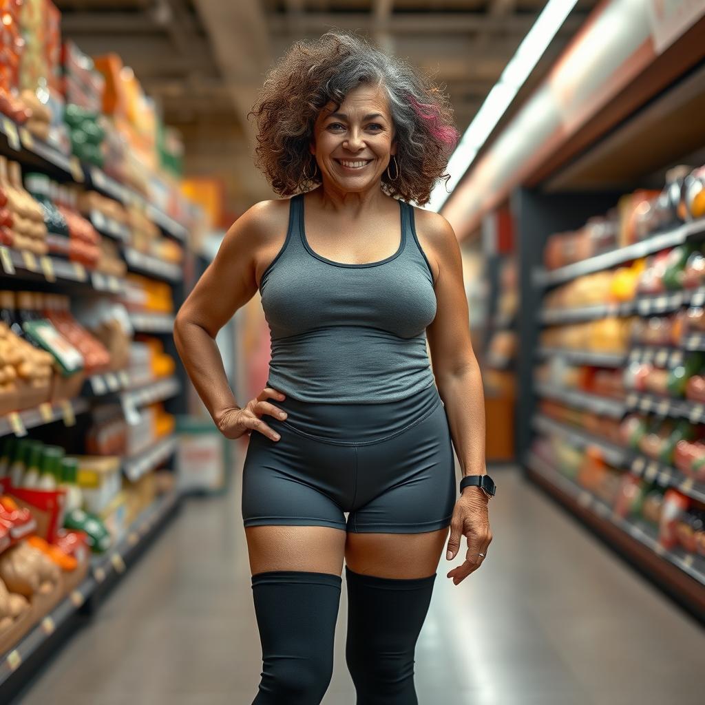 A 70-year-old Latina grandmother, exuding charm and vitality, stands confidently in a grocery store