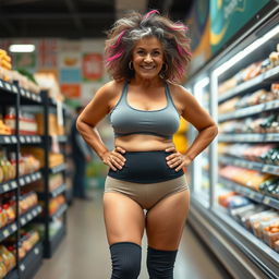 A 70-year-old Latina grandmother, exuding charm and vitality, stands confidently in a grocery store