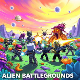 An exciting and action-packed scene from a fictional Roblox game titled 'Alien Battlegrounds'