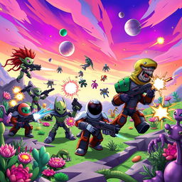 An exciting and action-packed scene from a fictional Roblox game titled 'Alien Battlegrounds'