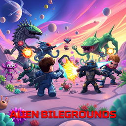 An exciting and action-packed scene from a fictional Roblox game titled 'Alien Battlegrounds'