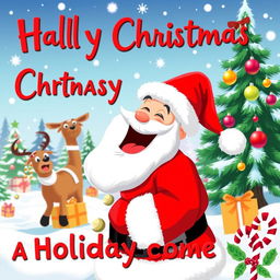 A whimsical and comedic Christmas poster featuring a jolly Santa Claus
