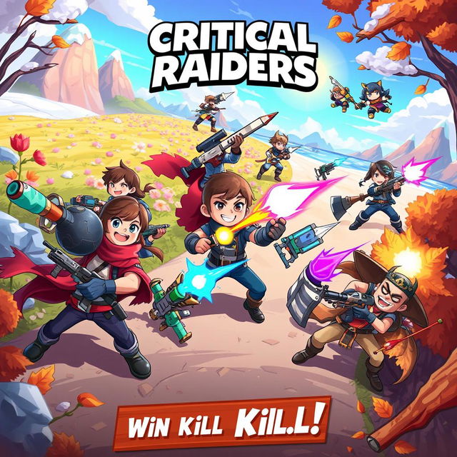 An exciting action scene from a game titled 'Critical Raiders', where players embark on an adventurous journey through various seasonal landscapes