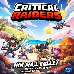 An exciting action scene from a game titled 'Critical Raiders', where players embark on an adventurous journey through various seasonal landscapes