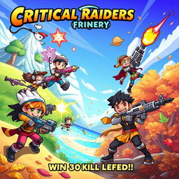 An exciting action scene from a game titled 'Critical Raiders', where players embark on an adventurous journey through various seasonal landscapes