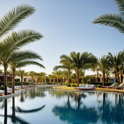 A large, luxurious swimming pool under a brilliantly clear blue sky, surrounded by serene palm trees and comfortable lounging chairs.