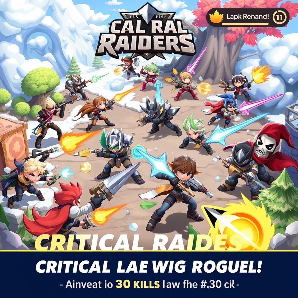 A thrilling 3-dimensional action scene from a game titled 'Critical Raiders', where players embark on an adventurous quest through distinct seasonal landscapes