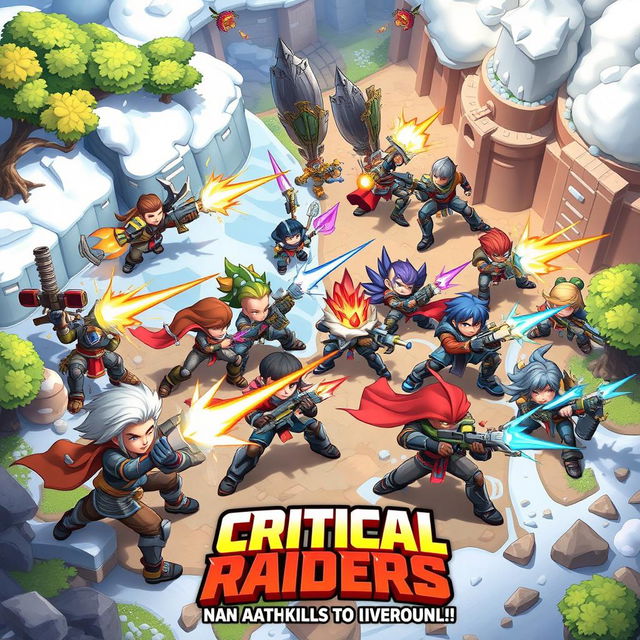 A thrilling 3-dimensional action scene from a game titled 'Critical Raiders', where players embark on an adventurous quest through distinct seasonal landscapes