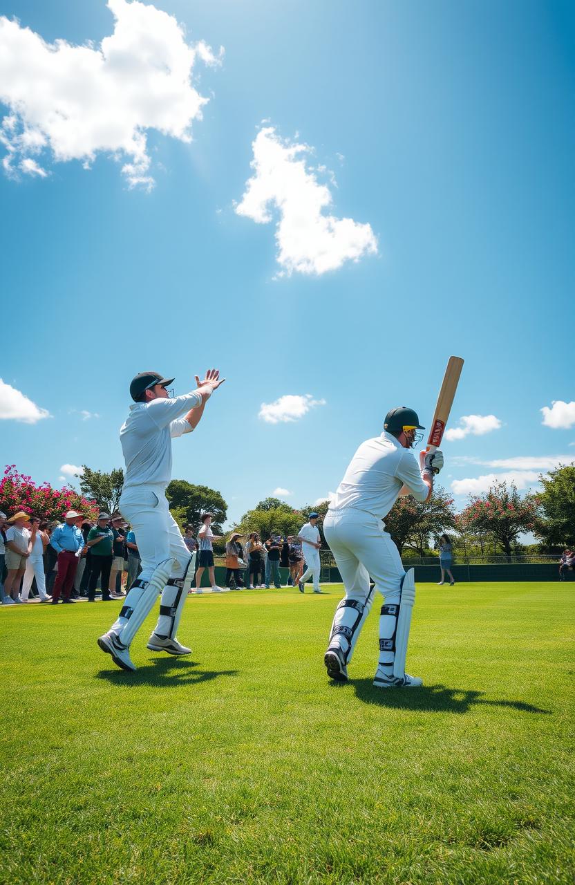 A vibrant scene of a cricket match taking place on a lush green field