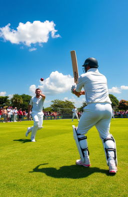 A vibrant scene of a cricket match taking place on a lush green field