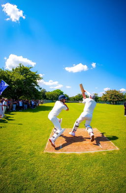 A vibrant scene of a cricket match taking place on a lush green field