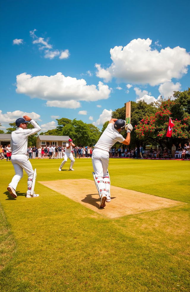 A vibrant scene of a cricket match taking place on a lush green field