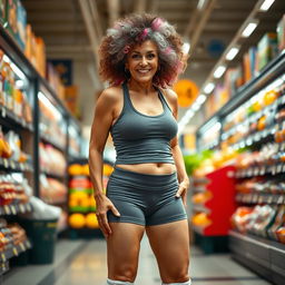 A 70-year-old Latina grandma, radiating confidence and fitness, stands inside a grocery store