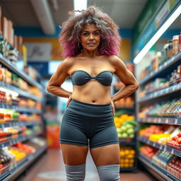 A 70-year-old Latina grandma, radiating confidence and fitness, stands inside a grocery store