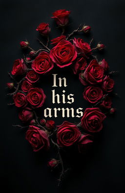 A striking composition of intricate patterns formed by bloody roses intertwined with sharp thorns set against a dark, mysterious background