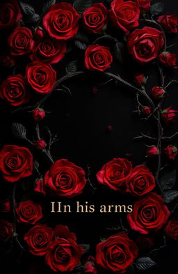 A striking composition of intricate patterns formed by bloody roses intertwined with sharp thorns set against a dark, mysterious background