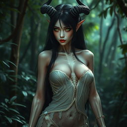 A Thai female demon with visible skeletal structure but still possessing smooth, white breasts