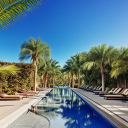 A large, luxurious swimming pool under a brilliantly clear blue sky, surrounded by serene palm trees and comfortable lounging chairs.