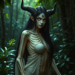 A Thai female demon with visible skeletal structure but still possessing smooth, white breasts