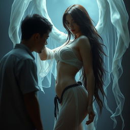 A seductive Thai ghost woman with long hair and voluptuous curves, wearing sheer and lightweight clothing that accentuates her features