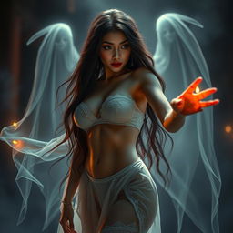 A seductive Thai ghost woman with long hair and voluptuous curves, wearing sheer and lightweight clothing that accentuates her features