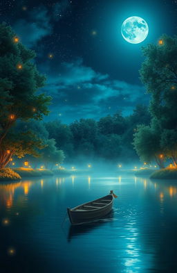 A serene nighttime scene depicting a tranquil lake surrounded by lush trees under a starry sky