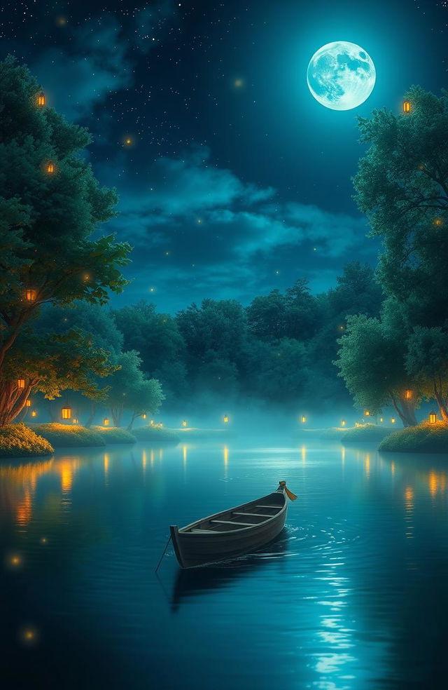 A serene nighttime scene depicting a tranquil lake surrounded by lush trees under a starry sky