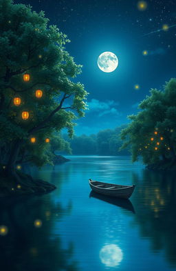 A serene nighttime scene depicting a tranquil lake surrounded by lush trees under a starry sky