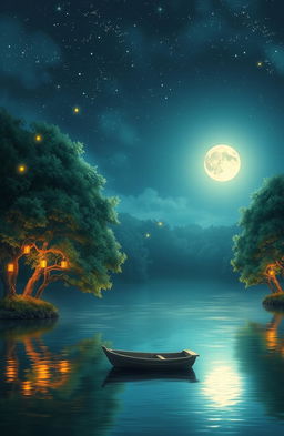 A serene nighttime scene depicting a tranquil lake surrounded by lush trees under a starry sky